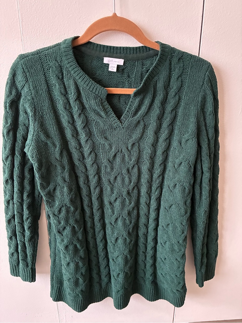 J Jill Chenille Sweater Small Petite Green Cable Knit Tunic Pullover SP